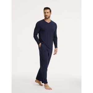Ensemble de pyjama pour homme personnalisé de qualité supérieure, col en V, en soie et coton tricotés, décontracté, pour la maison et l'hôtel, avec logo personnalisé, imprimé sur toute la surface - Product Image 2