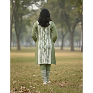 Ensemble Kurti 3 pièces en tissu de laine pour l'hiver, couleur vert pistache, manches longues, col rond, vêtements décontractés et festifs - Product Image 4