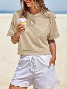 เสื้อยืดผู้หญิงสไตล์ใหม่ ระบายอากาศได้ดี ผ้าฝ้าย 100% สีพื้น คอกลม แขนสั้น สวมใส่สบายๆ - Product Image 4