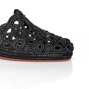 Sandales babouches tendance jetables pour femmes, en raphia tissé à la main noir, dessus en cuir véritable, confortables, élégantes, bout fermé - Product Image 5