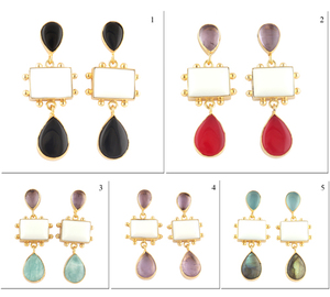 Vintage Geometric <b>Earrings</b> Chalcedony White Agate Labradorite Three Stone Gold Plated Designer <b>Stud</b> Dangle for Gift - Product Image 2