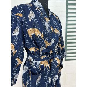 Kantha Pur 100% Cotton Reversible Long Kimono Pastel Green Monkey Animal Print Leisure Veste with Mandarin Collar for Women - Product Image 5