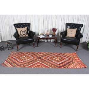 Tapis en laine Kilim vert orange 2.8x8 pieds tapis de salon à tissage plat turc motif de couloir rectangle en peluche avec support en latex - Product Image 3