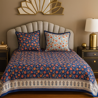 Ensemble de literie traditionnel Jaipuri 100% coton bloc de main écologique imprimé motif floral bleu profond Orange pour refroidir n'importe quel 3 pièces