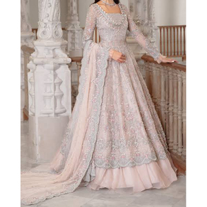 Bajo MOQ Premium calidad hecha a mano vestido de novia mujeres volantes decoraciones hasta el suelo indio pakistaní vestidos de noche nupciales - Product Image 1