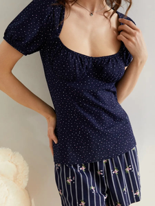 Women's Sleepwear <b>Set</b> <b>Square</b> Neck Short Sleeve Top Floral Print Shorts Lounge Pajama Elastic Waist Jersey 100% Cotton Winter - Product Image 3