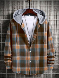 Automne hommes chemise à carreaux à capuche à manches longues ample sweat à capuche décontracté haut nouvelle mode tendance chemises sweat hommes vêtements Streetwear - Product Image 2
