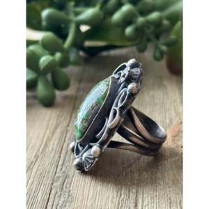 Sonoran <b>Gold</b> <b>Turquoise</b> Sterling Silver <b>Ring</b> Size 9-Navajo Handmade Boho Statement Jewelry - Product Image 3