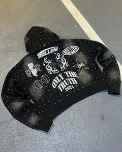 Logo personnalisé sérigraphie à manches longues pulls à capuche épais à impression numérique soleil délavé strass à capuche - Product Image 5