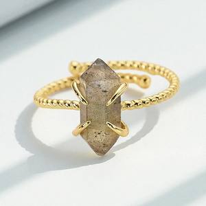 Twisted Band Hexagon Point Natural Labradorite Gemstone Fashion <b>Adjustable</b> <b>Ring</b> Gold Plated Birthstone <b>Ring</b> - Product Image 1