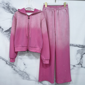 Sudadera informal con logotipo personalizado para mujer, chándal con cremallera y diamantes de imitación brillantes, conjunto de 2 piezas, ropa de salón para mujer - Product Image 4