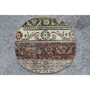 Traditional Beige Green 2.1 X 2.1ft Woolen Aubusson Living Carpet Patchwork Rectangle Turkish <b>Rug</b> for Hallway Bedside Latex - Product Image 4