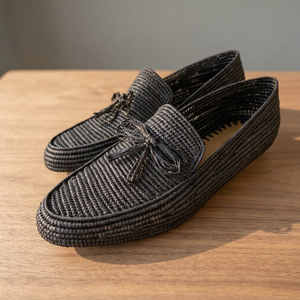 Handmade Black Straw Loafers With Bow Decoration Round Toe Breathable Summer Slippers For Women - Product Image 1