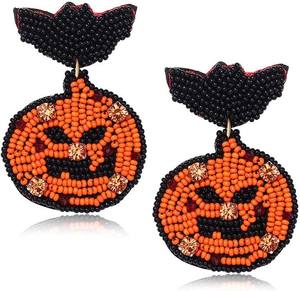Boucles d'oreilles citrouille faites à la main avec perles de rocaille broderie perles diamants Halloween accessoire festif pour les cadeaux - Product Image 1