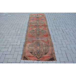 Alfombra turca vintage de 26x85 pies, diseño de retazos rojos y marrones, tejido plano de lana con respaldo de látex para decoración de sala de estar - Product Image 1