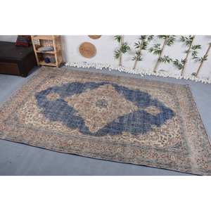 Alfombra de lana azul y beige vintage, diseño de retales de 6,8x10,5 pies para dormitorio, respaldo de látex de alta calidad para adolescentes - Product Image 2