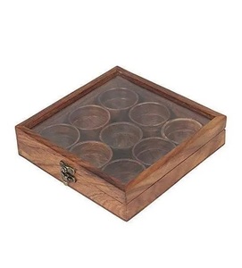 Boîte à épices en bois carrée faite à la main en bois massif fini naturel avec 9 conteneurs Herb & Spice Tools Wholesale. - Product Image 1