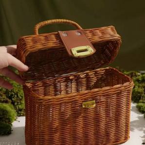 Vintage Handwoven Rattan Picnic Box <b>Bag</b> | Vintage <b>Wicker</b> Purse with Handle | Boho Straw Box <b>Bag</b> for Summer - Product Image 1