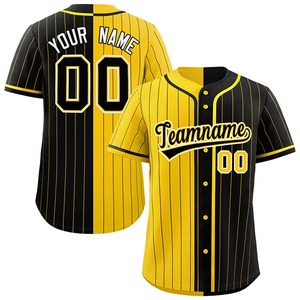 Maillot de baseball personnalisé avec logo cousu, design patchwork rayé jaune et noir, chemises de softball et de baseball avec boutons - Product Image 1