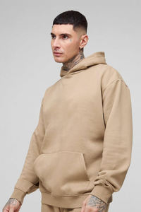 Chándal de algodón de gran tamaño Beige para hombre, Sudadera con capucha de felpa francesa de peso pesado con bolsillo de canguro y estilo de calle - Product Image 3