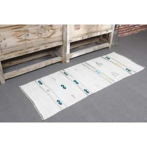 Alfombra Turca Pequeña de 1.7x4.6 pies, Alfombra Blanca y Azul de Estilo Suroeste, de Lana - Product Image 1