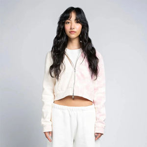 Sweat à capuche zippé court personnalisé pour femme, rose et blanc, en polaire doux, respirant et écologique, pour un style décontracté et urbain - Product Image 3