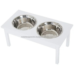 Cuencos elevados de madera de acacia y acero inoxidable, estación de alimentación para mascotas blanca y negra para perros y gatos, suministro de agua y alimentos - Product Image 2