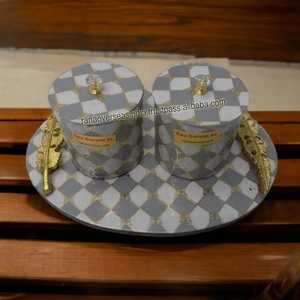 Bol de service à collation en métal de luxe turc avec couvercle et plateau en bois sculpté, pot de rangement moderne imprimé - Product Image 6