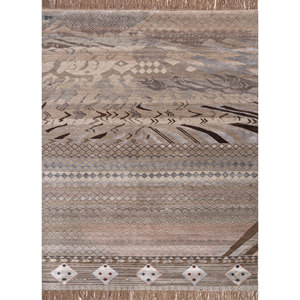 พรมไหมพรมผสมไหมไผ่สีน้ำตาลเบจ แมนชาฮ่า ลายเรขาคณิต รูปทรงสี่เหลี่ยมผืนผ้า สำหรับห้องนั่งเล่น วัยรุ่น และทางเดิน รุ่น Les-2389 - Product Image 1