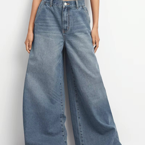 Los más vendidos 2025, pantalones vaqueros de pierna ancha extrema con manchas de té y lavado ligero para mujer, pantalones vaqueros transpirables de talla grande para mujer, servicio OEM - Product Image 1