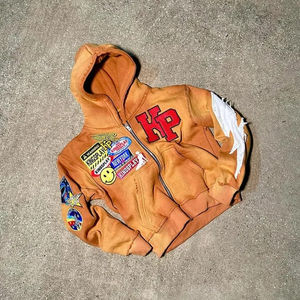 Sweat à capuche sans piqûre 100% coton délavé à l'acide avec poche kangourou pour hommes Nouveau design à la mode Badges de broderie à fermeture éclair personnalisés pour - Product Image 5