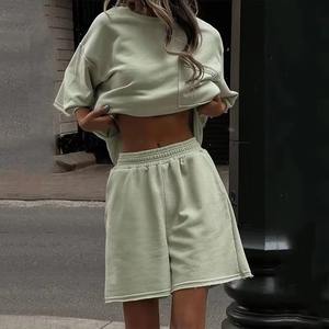 Ensemble 2 pièces d'été décontracté pour femmes, couleur unie, col rond, manches courtes, shorts élastiques, vêtements de sport personnalisés pour femmes - Product Image 5