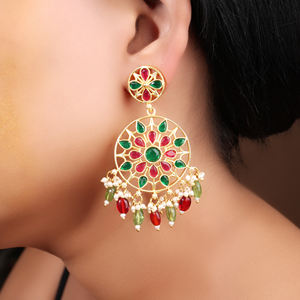 Lujo indio Kundan Meenakari pendientes tradicional rojo verde piedra colgante Jhumka con perlas boda fiesta desgaste joyería - Product Image 3