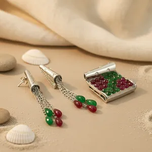 Ensemble de boucles d'oreilles et bague en argent 925 plaqué or, style bohème, avec cristaux verts et rouges, bijoux de fête pour femmes - Product Image 3