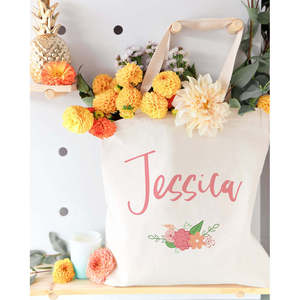 Sac fourre-tout en toile de coton personnalisé à ouverture et fermeture, motif floral aux couleurs printanières, couleur unie, avec option d'ajout de nom - Product Image 3
