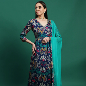 Ensemble d'été pour femmes, kurta Anarkali à manches longues et col en V, broderie bleue élégante, pantalon palazzo et dupatta - Product Image 1