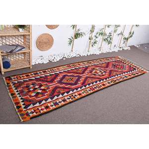 Tapis turc vintage rouge orange classique 3.1x9.6 pieds laine patchwork grande surface avec support en latex pour couloir ou chambre à coucher - Product Image 3