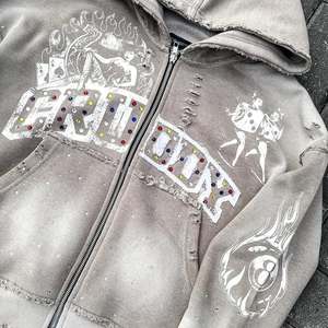 Ropa de calle personalizada, serigrafía con piedra del Rin y bordado desgastado, Sudadera con capucha y cremallera, productos más vendidos - Product Image 2