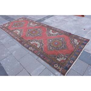 Alfombra clásica de lana roja y azul de 4,2x11 pies, hecha a mano, área grande turca, patrón abstracto, diseño de pasillo Rectangular, látex de 10mm - Product Image 2