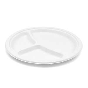 ProTakeOut, 10 assiettes rondes compostables en bagasse à 3 compartiments – Lot de 500 (125/4) – Assiettes en canne à sucre sans PFAS, écologiques - Product Image 1