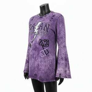 Camiseta de Algodón Jersey con Lavado Ácido Premium para Mujer, GSM Suave y Transpirable, Morada, Manga Larga, Logotipo Personalizado con Serigrafía - Product Image 4