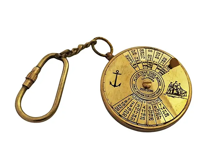 Llavero con calendario de latón antiguo de alta calidad, llavero de latón elegante para llavero de regalo, tamaño de bolsillo brillante