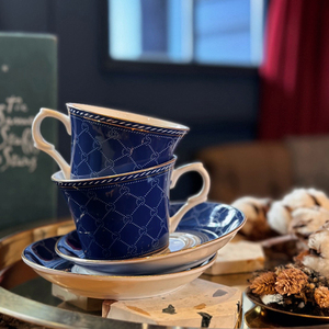 ชุดแก้วกาแฟเซรามิกชินไตหยวนพร้อมจานรอง สีน้ำเงินขอบทอง ลายพิมพ์แบบ Water Transfer ชุดของขวัญส่งเสริมการขาย - Product Image 3