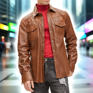 Letterman Button up PU <b>Leather</b> <b>Shirts</b> Men Customize Long Sleeve Button Down Chest Pocket <b>Leather</b> <b>Shirts</b> Men's - Product Image 5