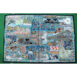 Tapisserie murale indienne bohème brodée à la main en coton à motif abstrait pour décoration intérieure et extérieure, Noël, bleu - Product Image 1