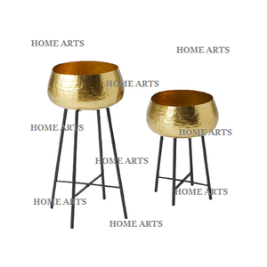 Lot de 2 jardinière en laiton de forme ronde avec support noir en fer Pot de fleurs couleur or de meilleure qualité pour la vente chaude - Product Image 1