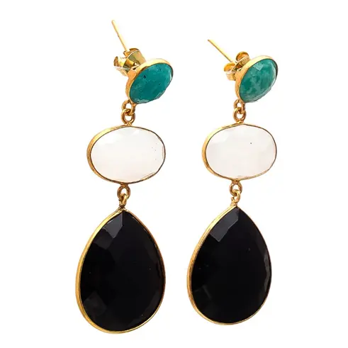 Beautiful Collision Black Onyx Milky Chalcedony & Amazonite Gold Plated Sterling Silver Pear Shape Gemstone Earrings