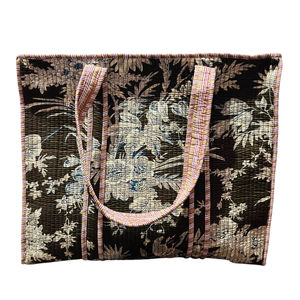 100% Cotton Brown Floral Handblock Printed Cotton Quilted Shoulder <b>Tote</b> Bag with Zipper - Product Image 1