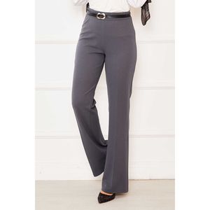 Women's Smoke Grey Flare Pants with <b>Elasticated</b> High <b>Waist</b> Anti-Wrinkle and Breathable Crepe & Canvas <b>Trousers</b> - Product Image 3