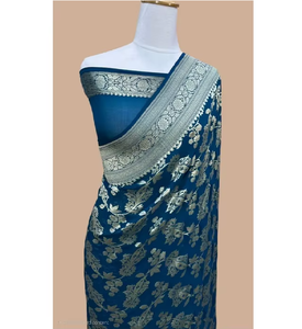 Sari en Georgette Khaddi Banarasi pur, tissage semi-artisanal, tissage élégant, tissu lisse, beau design traditionnel, fête, soleil - Product Image 1